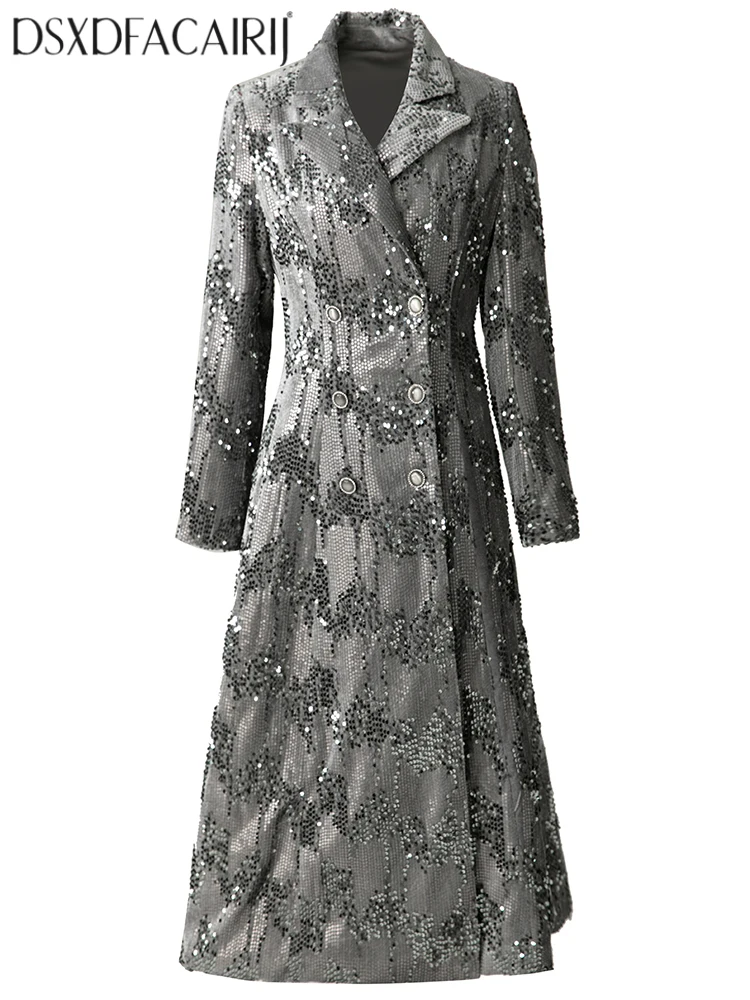 

DSFACAIRIJ Women's Double Breasted Coat Sequins Embroidery Turn-Down Collar Long Sleeves Pockets High Street Autumn Outerwear
