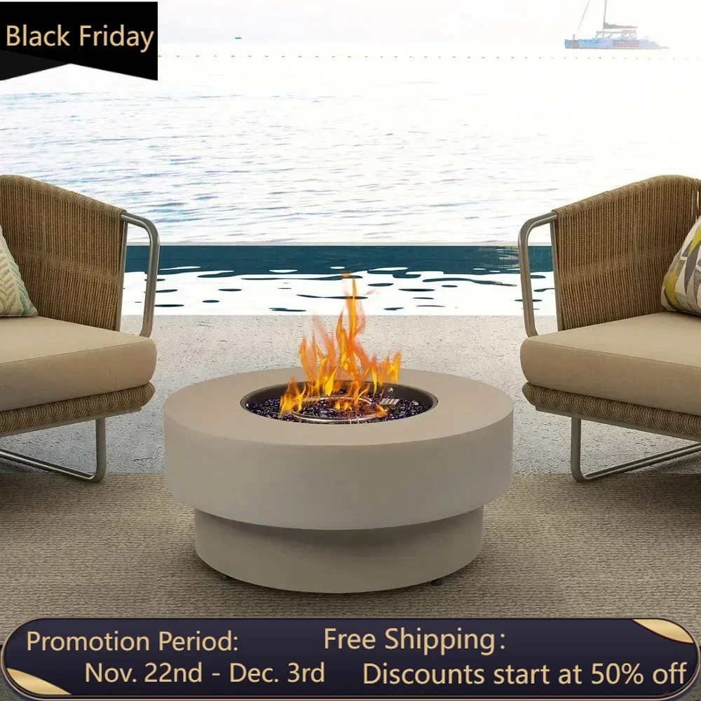 Propane Outdoor Fire Pit Table, Flint & Concrete, Fire Glass, Heavy Duty Rain Cover, Pre-Attached 10ft Propane Hose, Fire Table