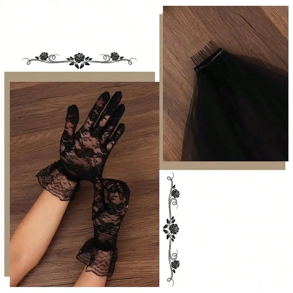 And Gloves Set Embroidered Floral Edge Bridal Veils Halloween Wedding Lace Mesh Gloves Short Long Black Funeral