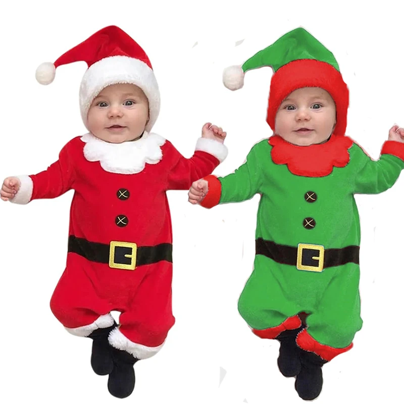 Unisex Long Sleeve Toddler Xmas Elf Outfit Infant Baby Boys Girls Christmas Fleeced Romper Newborn Santa Claus Costume