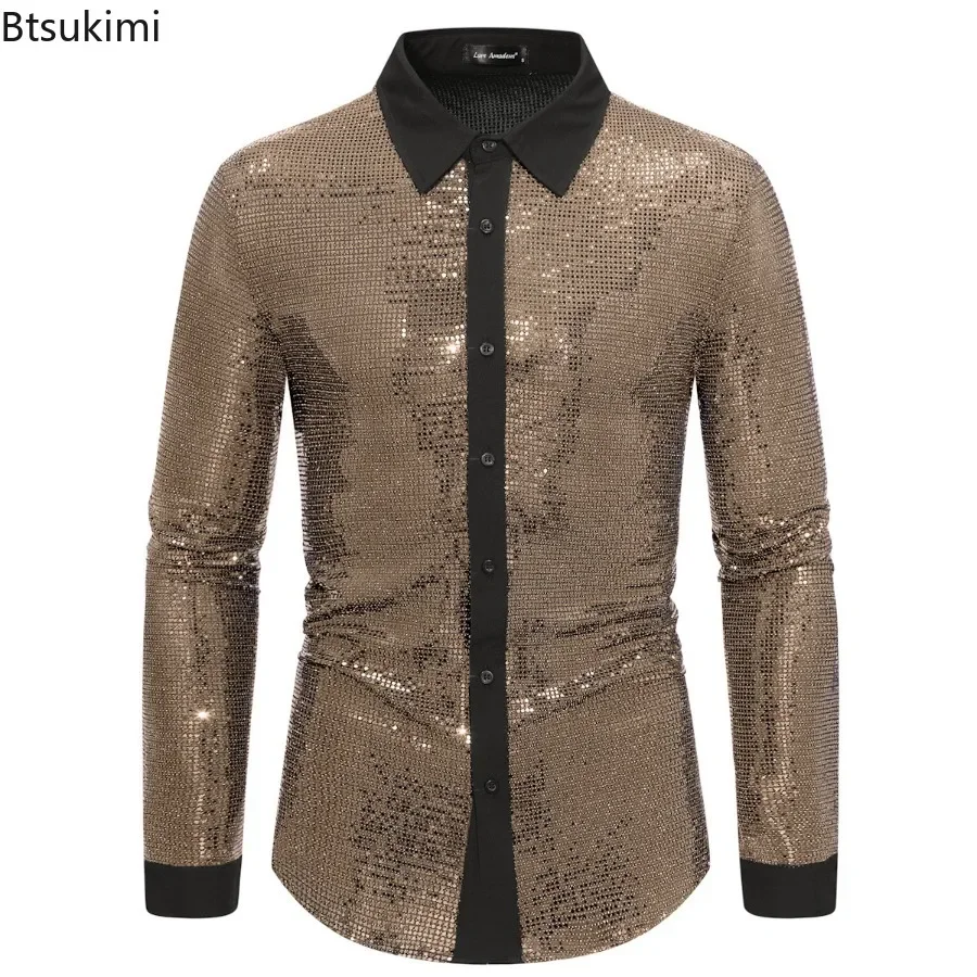 New 2026 Men's Sequins Sparkling Shirt Trend Vintage 70s Disco Nightclub Clothes Hip Hop Singer Dance Stage Show Men Clothing