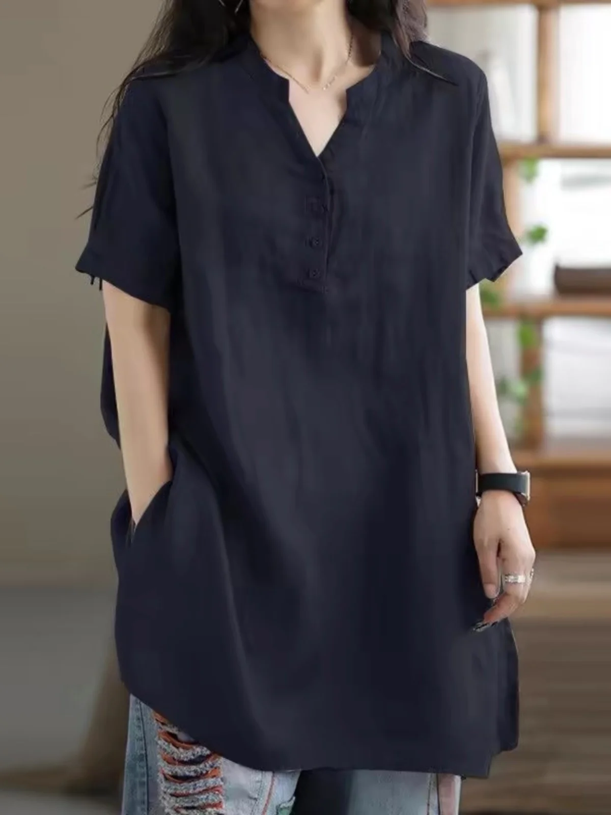 Plus Size Damen Baumwolle Leinen irt Sommer New Sle Casual Mid-Length Dr Loose Fit Pendeln Sle f Offener Kragen