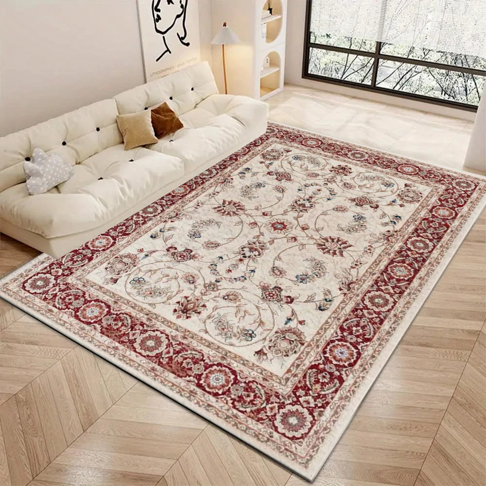 Classic European Floral Area Rug Beige Red Border Retro Carpet Soft Floor Mat For Living Room Bedroom Home Decoration