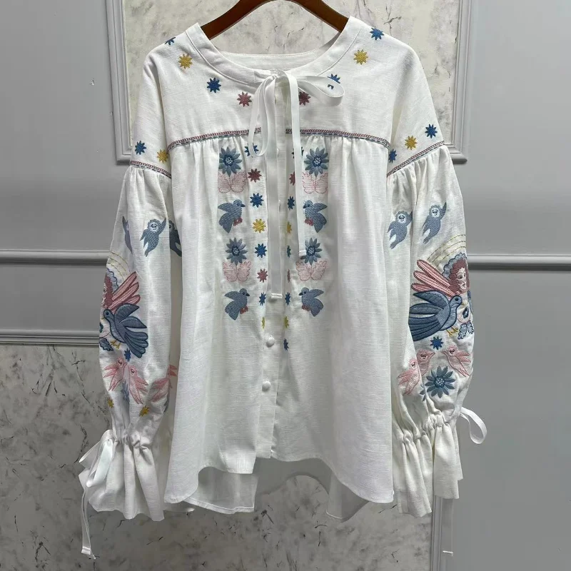 Women 2024 Early Autumn New Sweet Embroidered Round Neck Tie Lantern Sleeve Linen Shirt