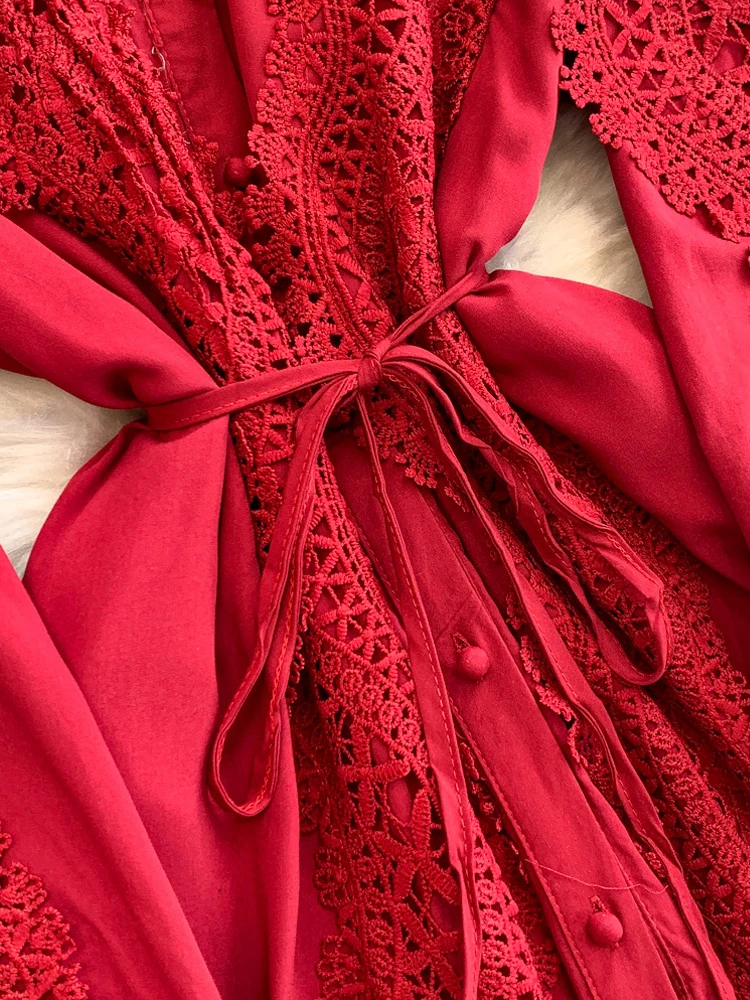 Elegant เสื้อแขนยาวผู้หญิง 2025 ใหม่ลูกไม้ Patchwork Maxi ชุดสีทึบพรรค Vestidos ชายหาดหลวม INKEO 5D148