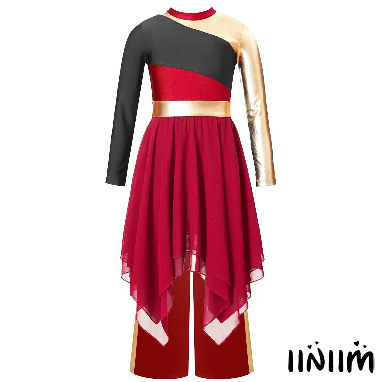 

Kids Girls Worship Praise Dance Outfit Long Sleeve Chiffon Hem Metallic Patchwork Dress with Wide-Leg Pants Performance Costume
