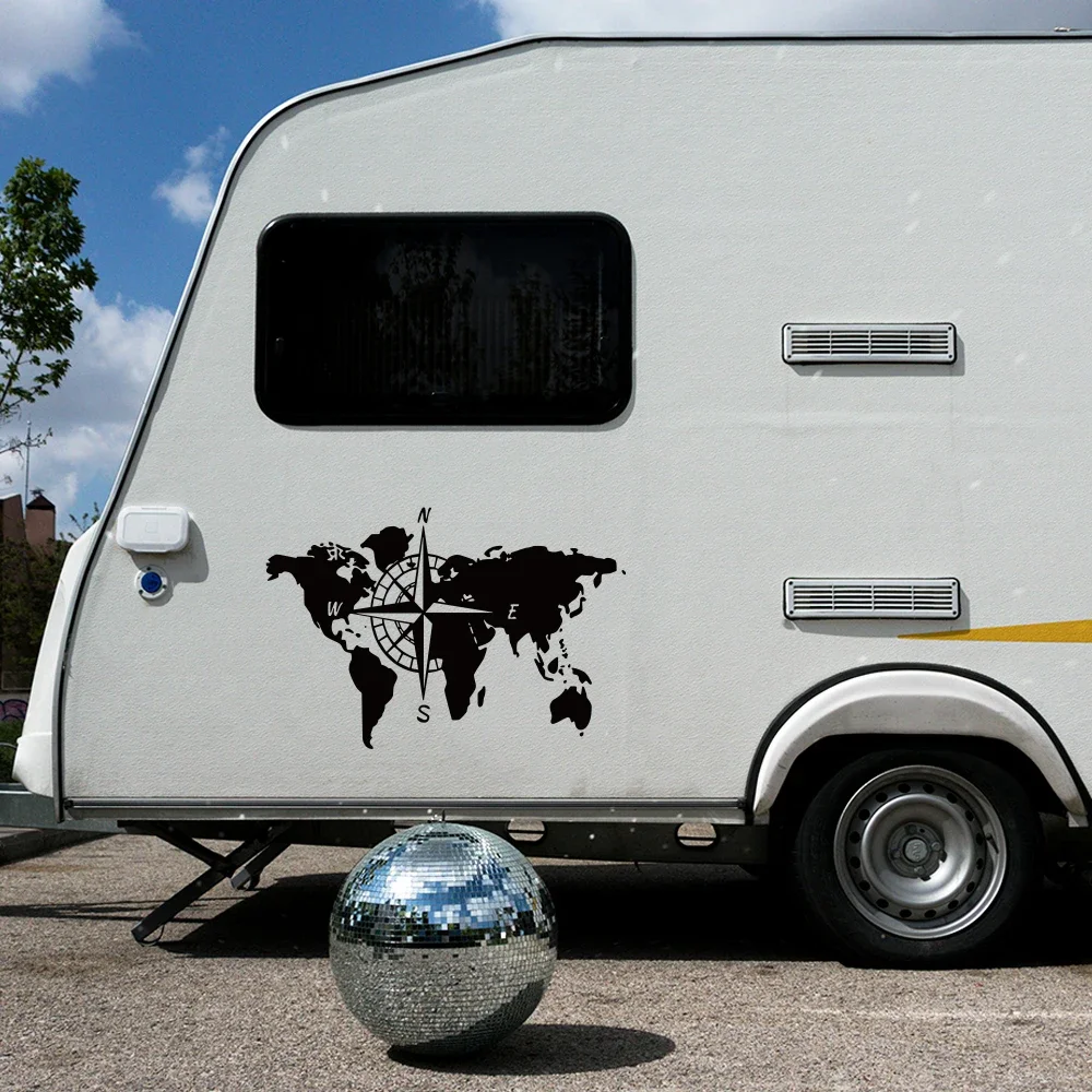 World Map Compass Caravan Car Sticker Camping Travel Explore Camper Rv Motorhome Truck Decal Auto Body Decoration Accessories