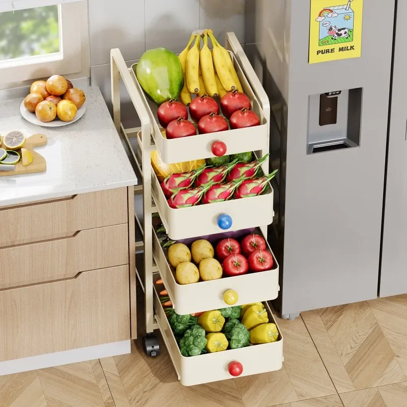 Locking Wheels Kitchen Cart Kitchen Island Cart Rolling Trolley Mobile Storage Retractable Snack Rack Adjustable Shelves