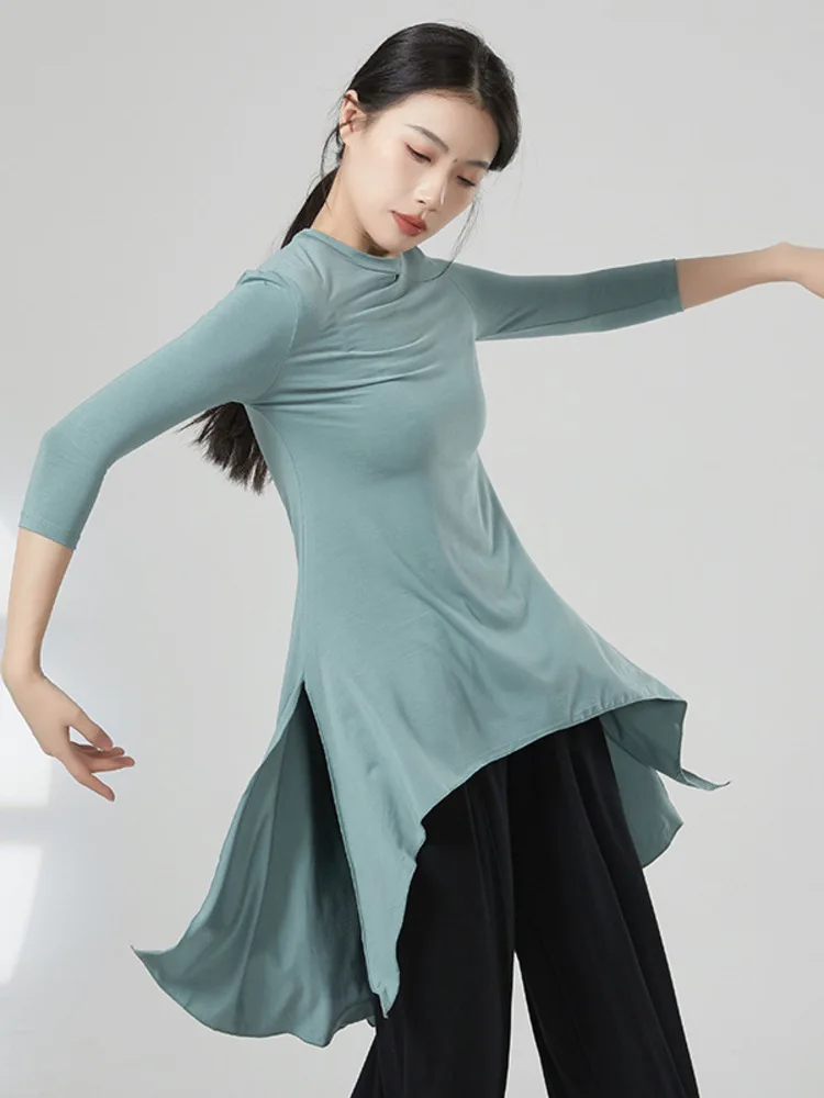 

Женский топ для классических танцев, однотонная свободная рубашка с длинным рукавом и круглым воротником для репетиционного сценического шоу, практики