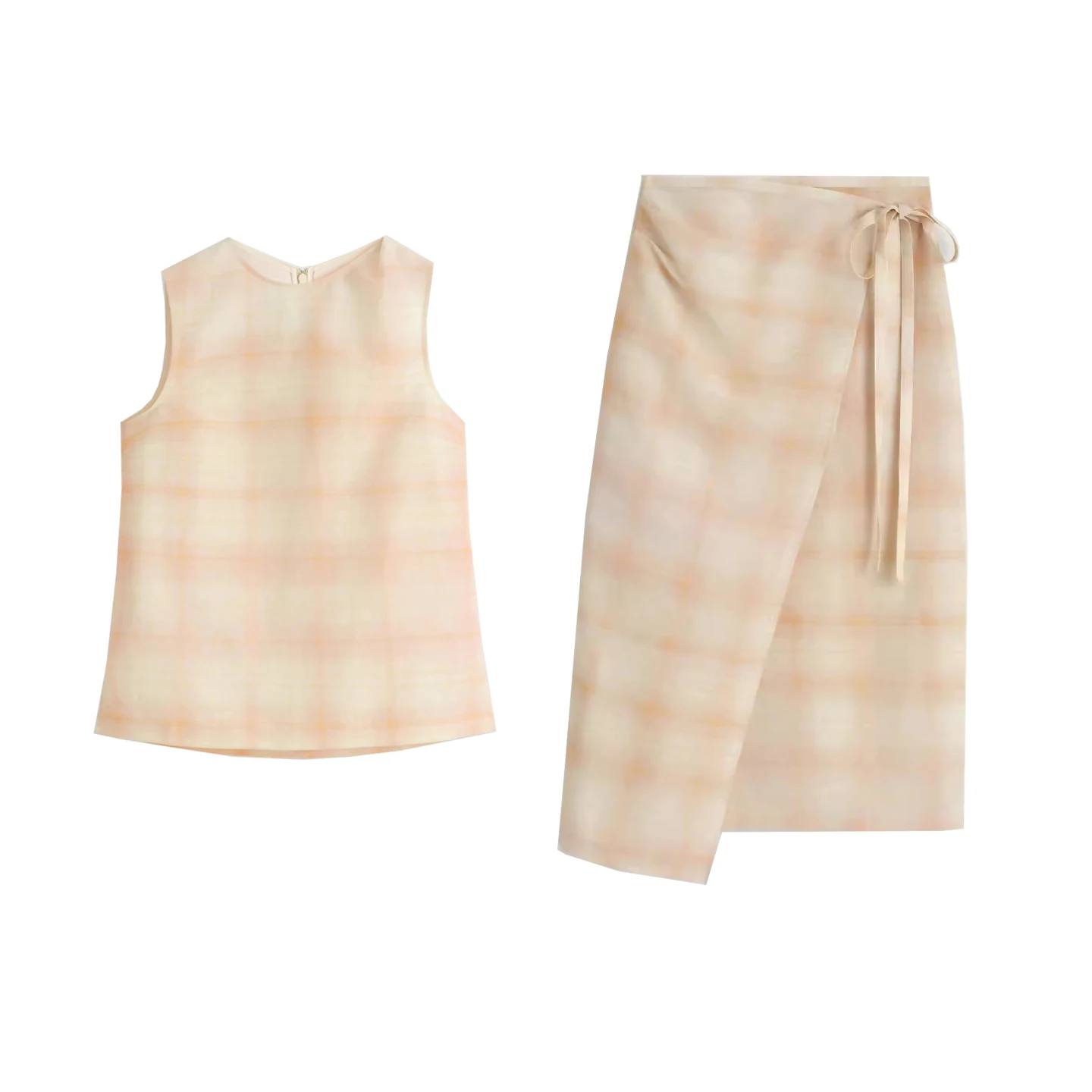 Conjunto de duas peças com top de ombro com nó e saia midi transpassada, edição padrão de verão, manga curta, gola redonda e ...