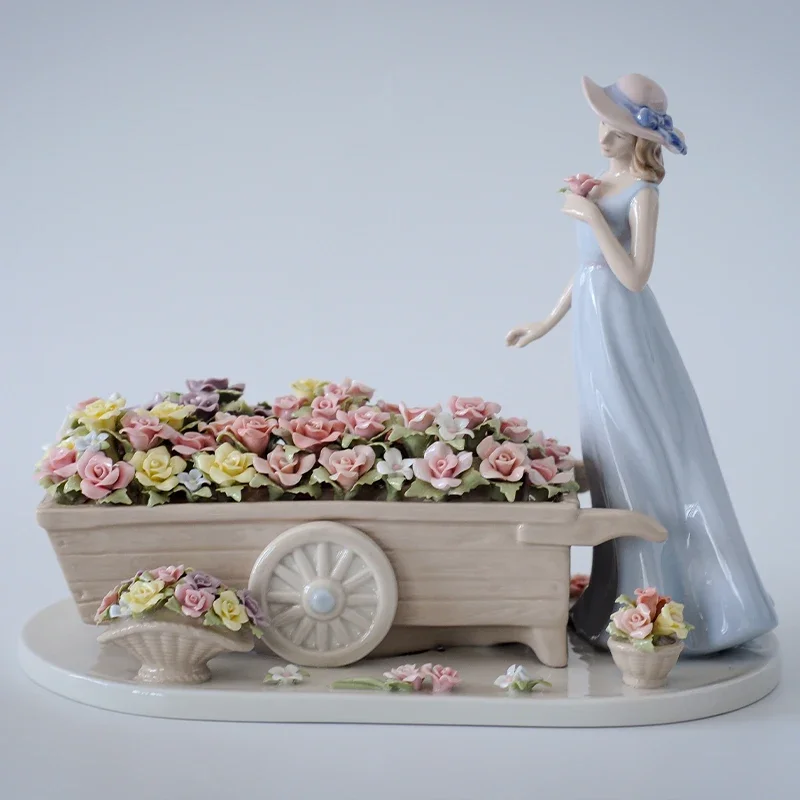 Ceramic Handicrafts European Creative Home Ornament Blue Dress Flower Girl Figurine Home Room Tabletop Decoration Birthday Gift