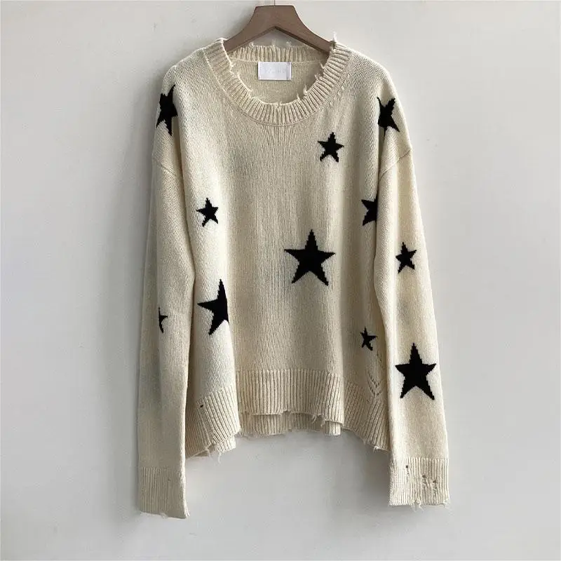 Zadig Stars Sweater Women Beige Cashmere Loose Sweaters Casual Long Sleeve Crew Neck Pullover Stylish Ripped Edges Jumpers Tops