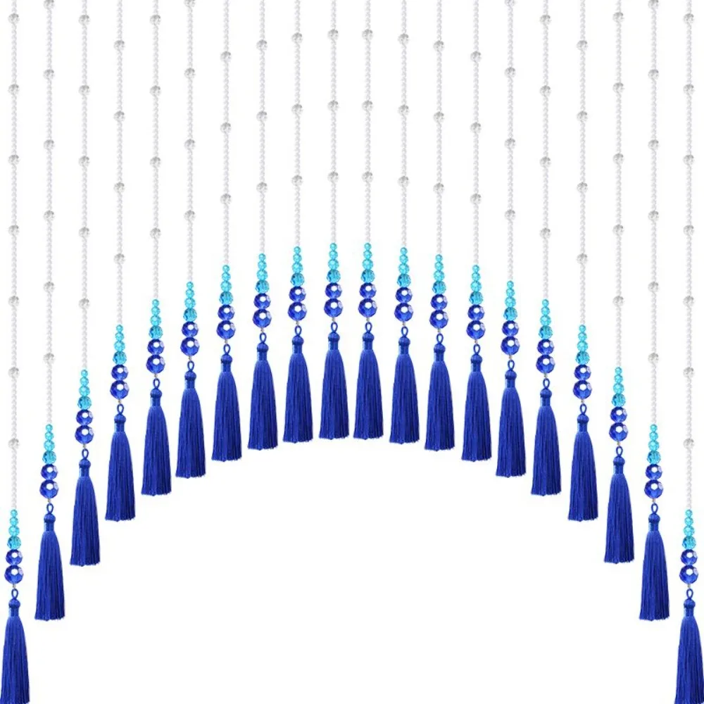 Crystal Bead Curtain Blue Tassel Soft Partition Curtain for Hallway Entryway Living Room Bedroom Bathroom Door Home Decor