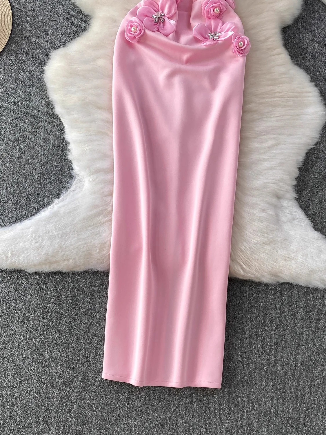 Abito da festa con perline da donna primavera estate elegante colletto quadrato fiore 3D vita alta maxi abiti femminili abito rosso/rosa/bianco