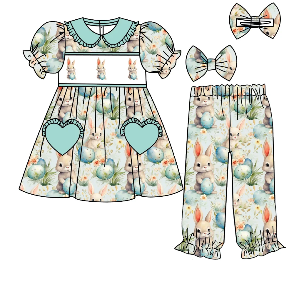

Easter girl series new short-sleeved trousers duck bow bunny egg print girls pajamas set boutique children's set girl clothing