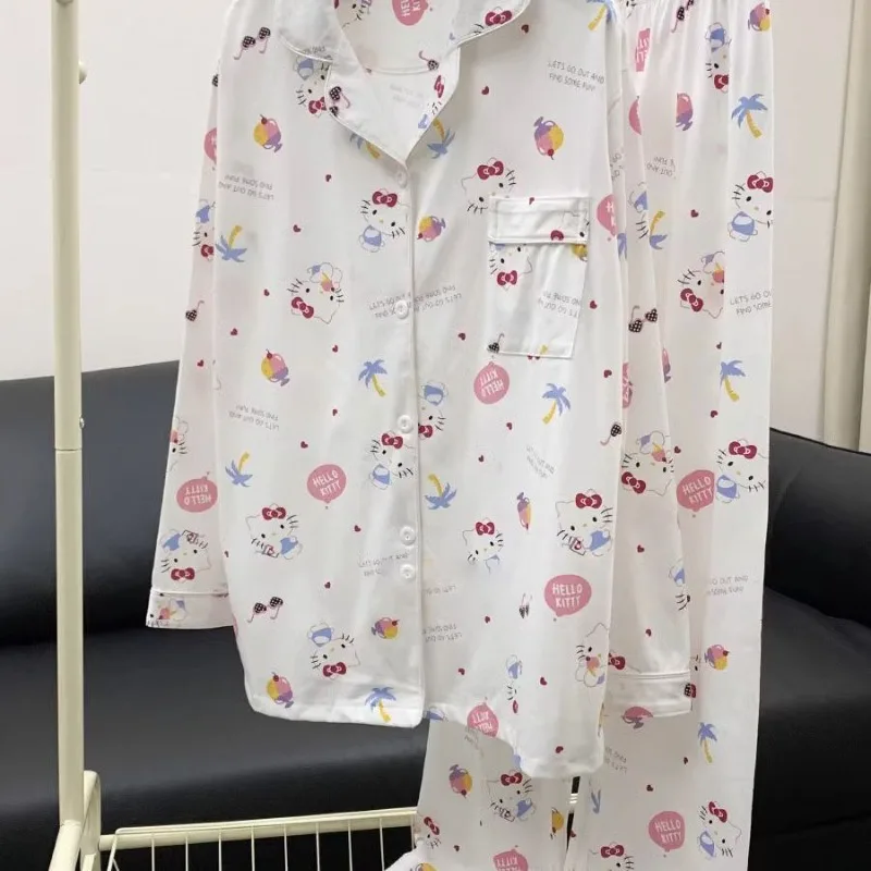 White Hello Kitty Pure Cotton Pajamas for Girls Spring and Autumn Long-sleeved Trousers Cartoon Cute Ins Style Home Clothes Set
