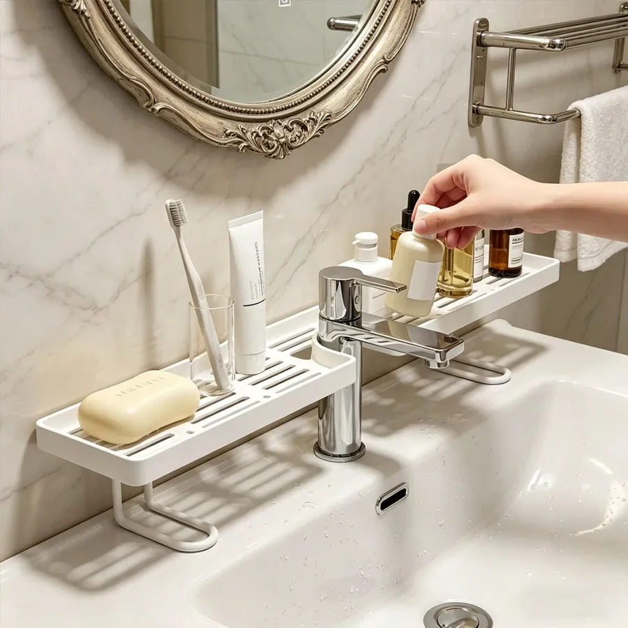 Bohrfreier Spülbecken-Organizer – Freistehendes Kohlenstoffstahl-Ablageregal für Armaturen, Platzsparender Badezimmer-Arbeitsplatten-Organizer – Detail 7