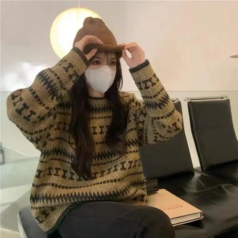 

Женская одежда, свитер с цветными блоками, круглый вырез, длинные рукава, осенне-зимняя новая свободная верхняя одежда, трикотажные топы