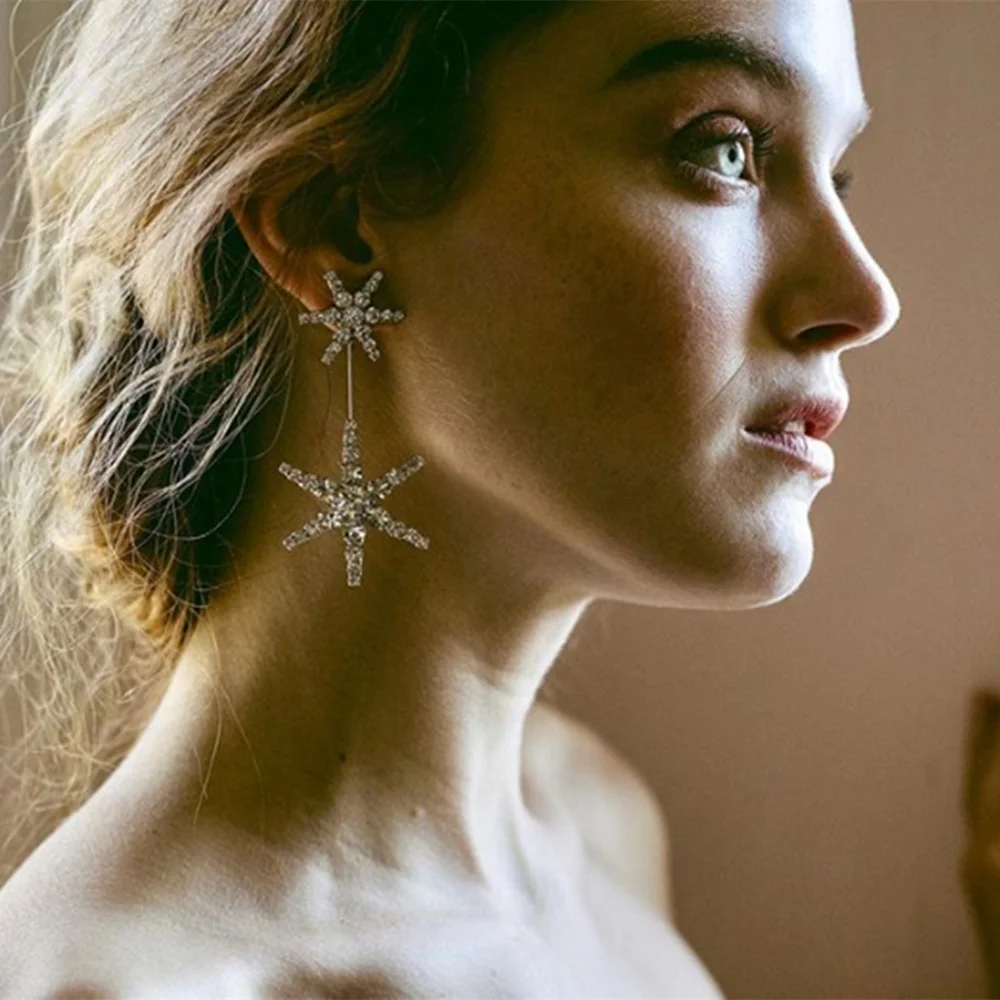 Stonefans Luxury Rhinestone Star Shaped Dangle Earrings For Women Clear Crystal Geometric Drop Earrings Weeding Jewelry Gift