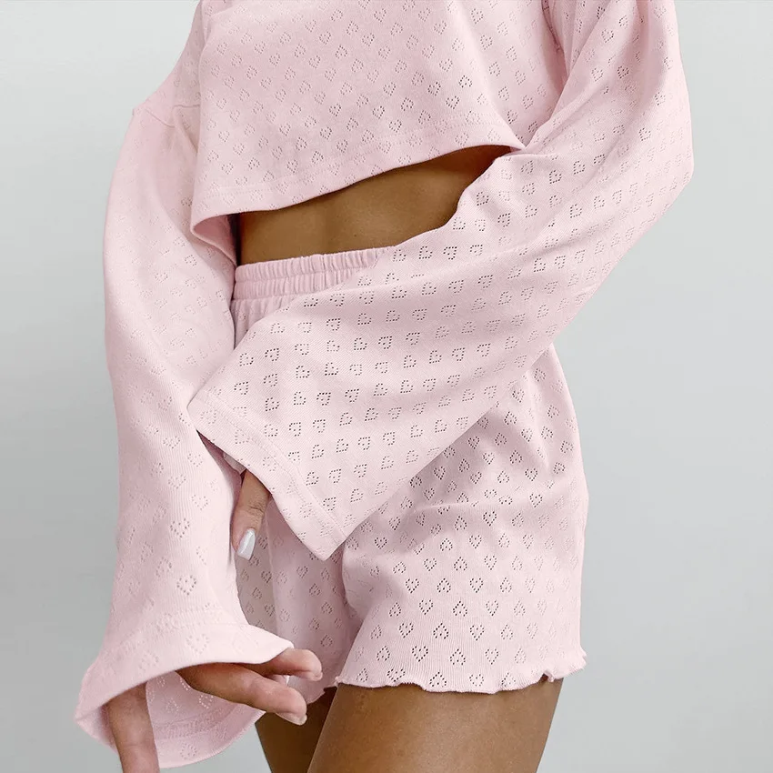 Nuovo set di due pezzi in misto maglia pantaloncini a maniche lunghe delicato sulla pelle morbido elastico abbigliamento per la casa da donna indumenti da notte da donna