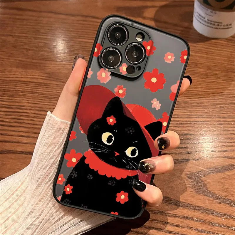 

Cute Fashionable Red Hat Black Cat Phone Case For iPhone 15 16 17 Pro Max Plus 14 13 12 Mini 11 Pro Max Shockproof Cover Fundas