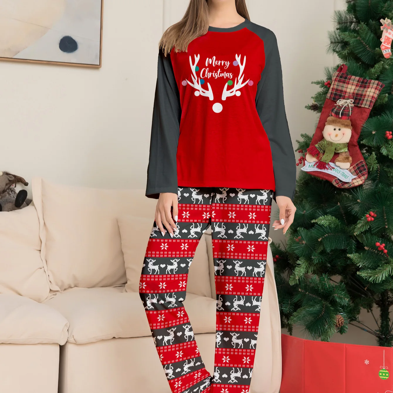 Family deer head printed Christmas family set Dad Mom kids long sleeve Halloween home dress pajamas dog suit