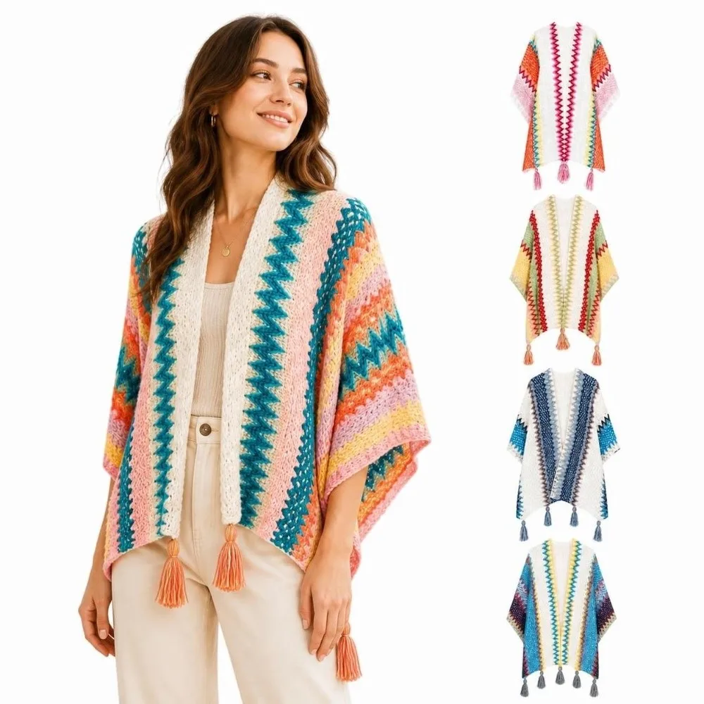 Vintage Striped Pattern Knit Poncho Cape Ethnic Print Oversized Shawl Wrap Cardigan Warm Long Tassel Tassel Knit Shawl For Women