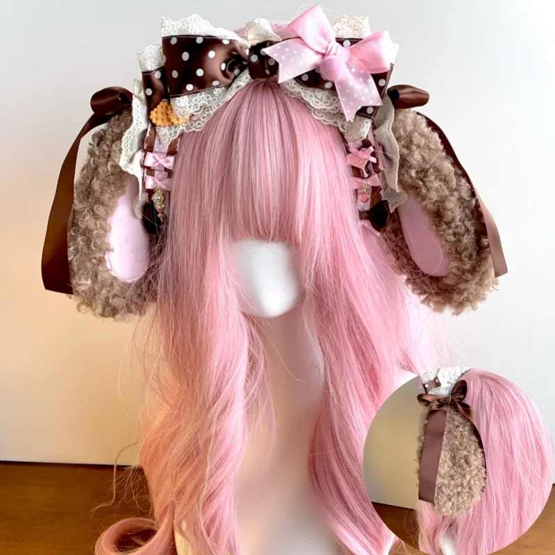 

Original Vintage Pink-brown Polka Dot Headband KC Lace Hanging Ear Rabbit Curly Hair Accessory Lolita Ribbon Bear Headpiece