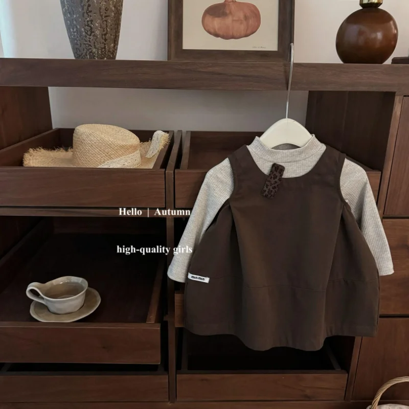 

01-Two-piece Original Design！Baby Girl Korean Style Flower Bud Vest Dress Ribbed Base Shirt Fashionable Set New Style