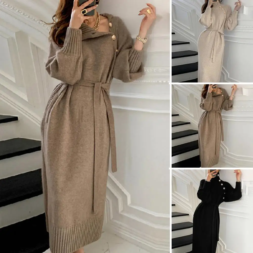 Autumn Winter Knitted Dresses High Collar Neck with Belt Long Sleeves Maxi Dress women 2024 trend