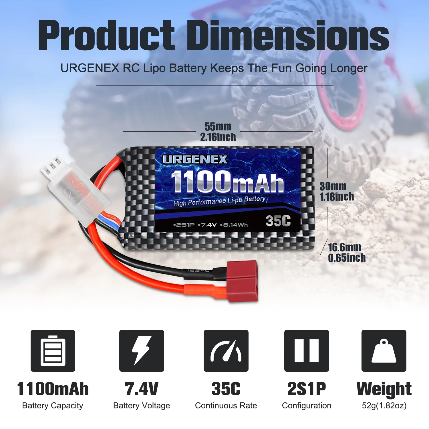 URGENEX Lipo Battery 7.4V 1100mAh 35C(Burst 70C) Dean-Style T Plug 2S Rechargeable RC Battery Fit for HAIBOXING BEZGAR Truck HBX