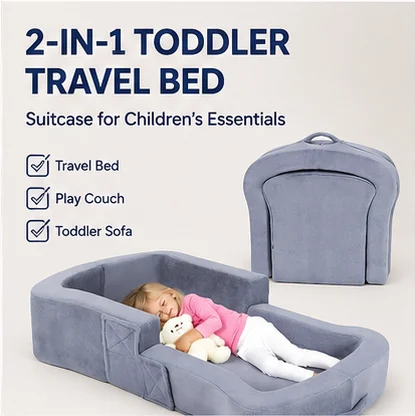 CE Certified 2-in-1 Toddler Travel Bed Storage Suitcase, Foldable Foam Kids Play Couch, Vacuum Pack Save Freight