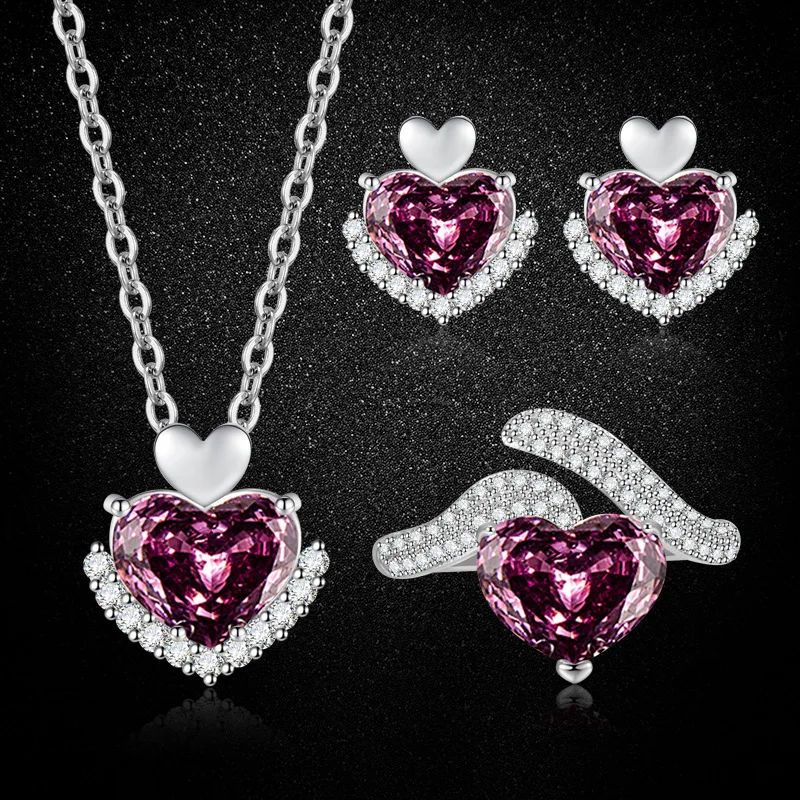 

S925 Sterling Silver Violet Heart‑Shaped Rose Cut Cubic Zirconia 3‑Piece Set, Ring Pendant Earrings Necklace