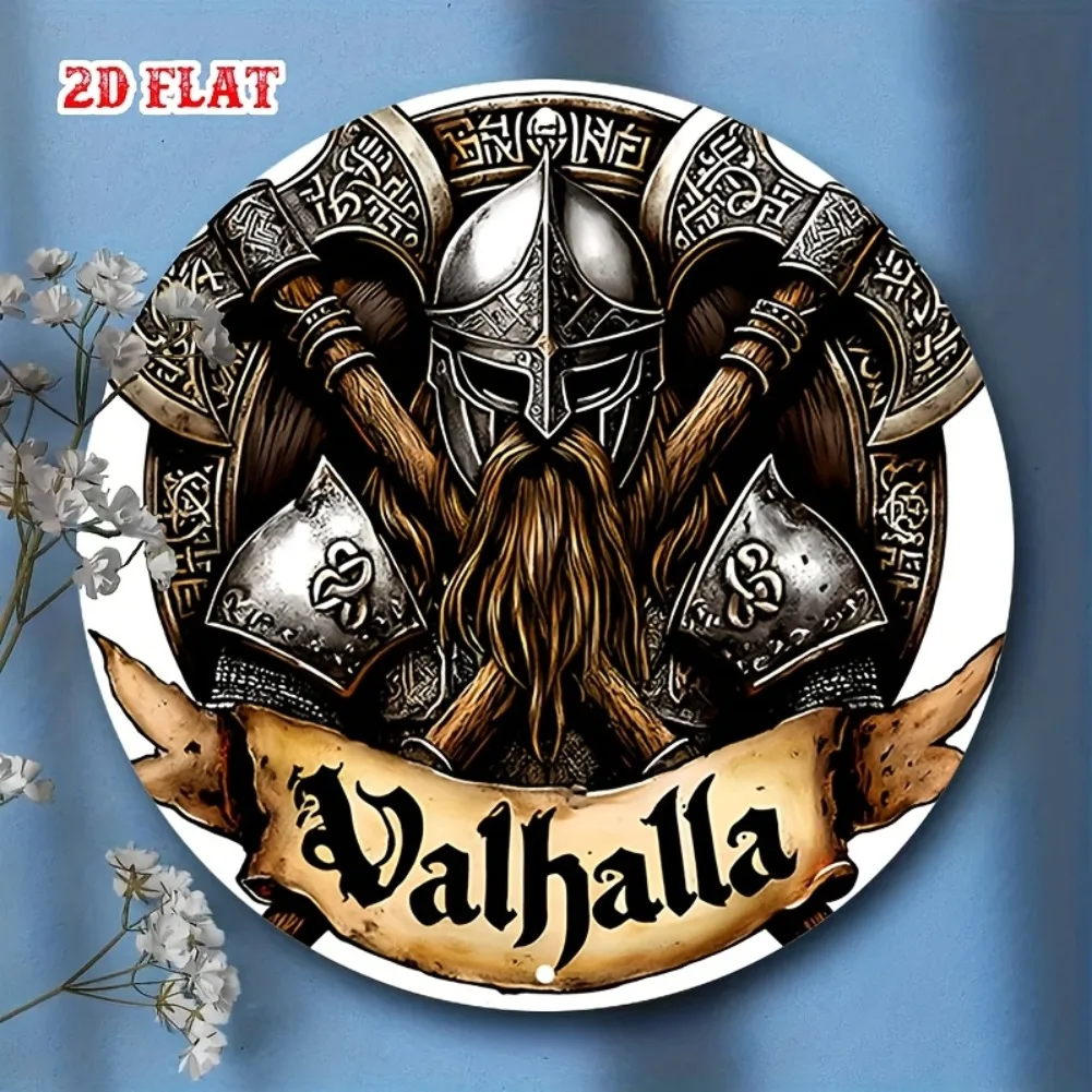 2D Flat Valhalla Viking Warrior Metal Wall Art, Round Vintage Norse Axe Helmet Decorative Tin Sign, Retro Celtic Knot Viking Met
