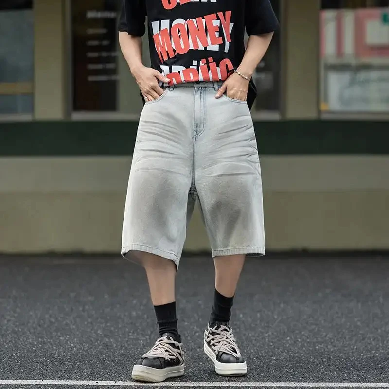 Men's Vintage Style Denim Shorts, Loose Wide Leg Cut, Light Fading & Wrinkle Details, Street & Urban Fashion, Comfortable Summer