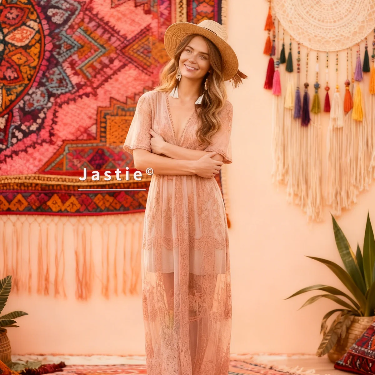 فستان ماكسي من الدانتيل المطرز باللون البني بوهو للنساء بياقة على شكل v وأكمام قصيرة وخصر مجوف فستان طويل للشاطئ للعطلات الصيفية فستان غير رسمي على شكل حرف a