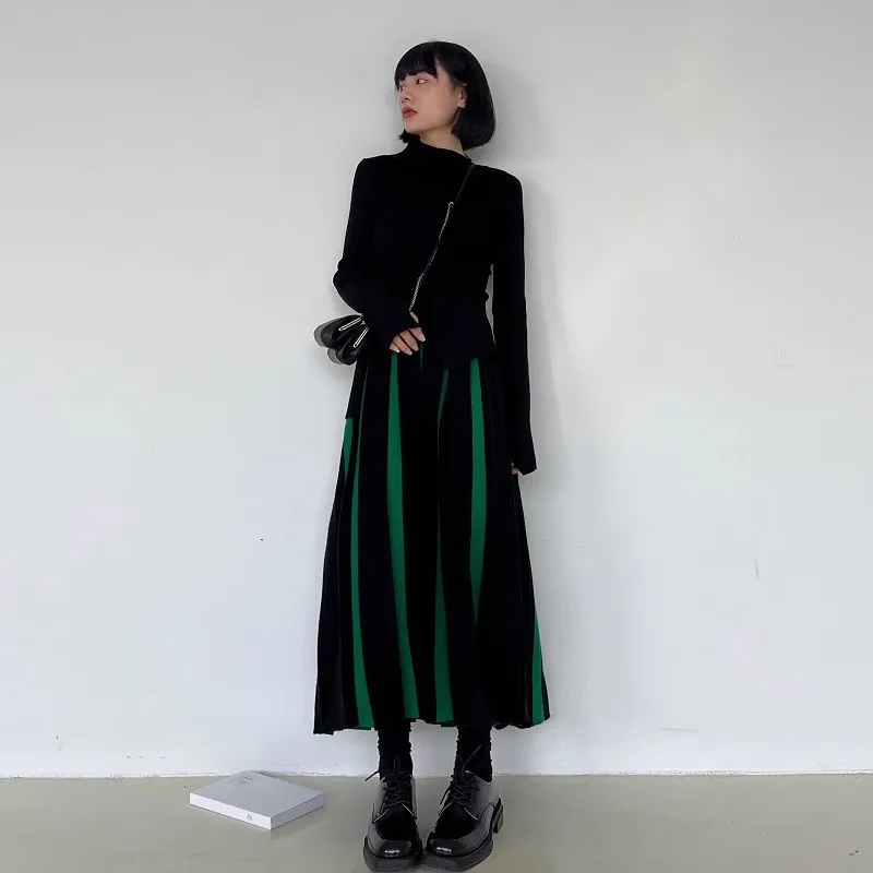 Autumn/Winter Knitted Skirt Women\'S 2023 Autumn/Winter Vintage High Waist Green Splice High End Pleated Knitted Mid Length A-Lin