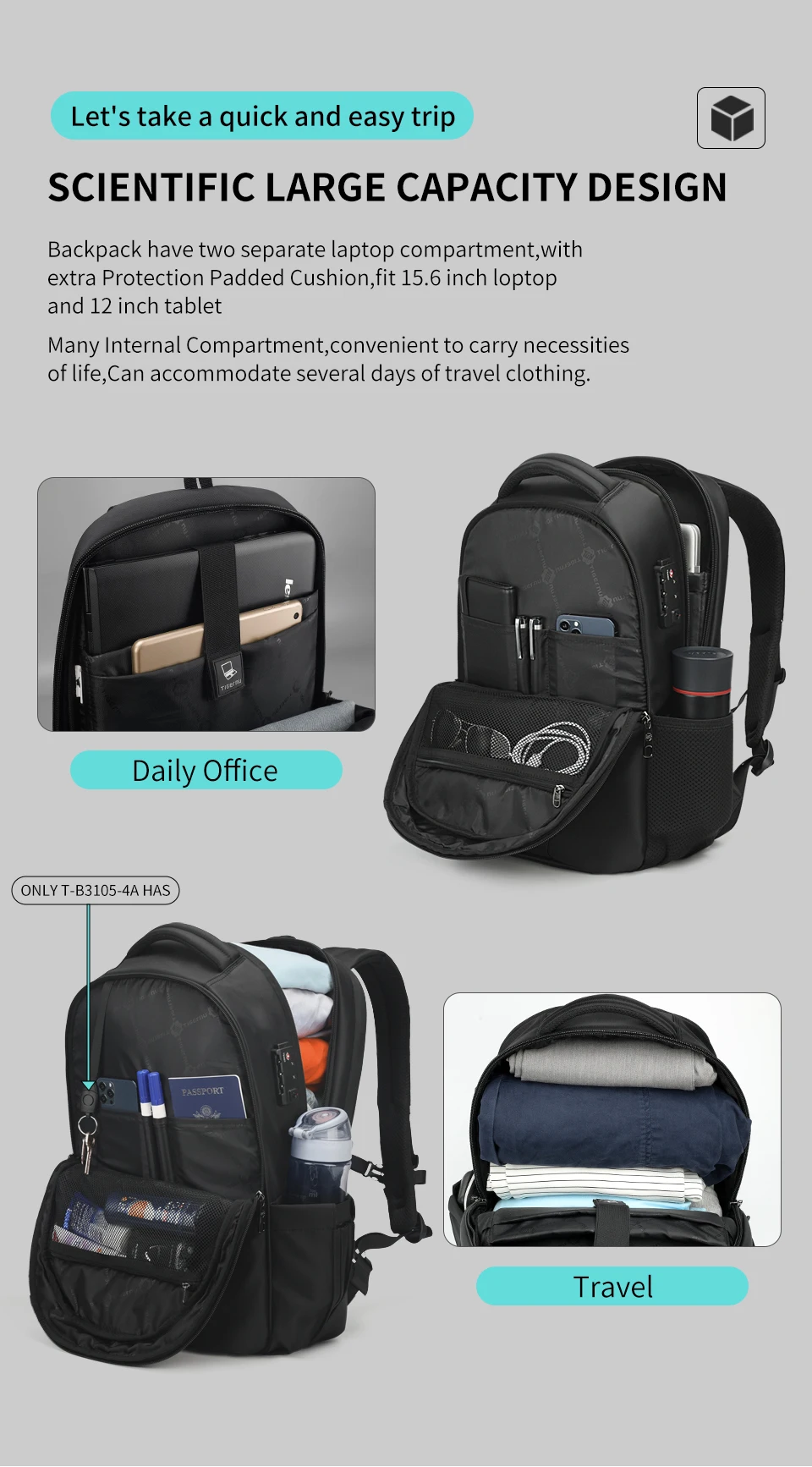 Tigernu Reiserucksäcke 14-15,6-17'' Laptop-Rucksack für Männer TSA Anti-Diebstahl-Rucksack Nylon-Rucksäcke Tasche für Schultasche Rucksack – Detail 7