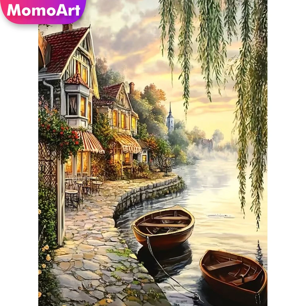 Momoart Diamant-Mosaik-Straßenmuster für Erwachsene Anfänger Stadt-Diamantmalerei Landschaft DIY Schiffs-Stickerei Feiertagsgeschenke