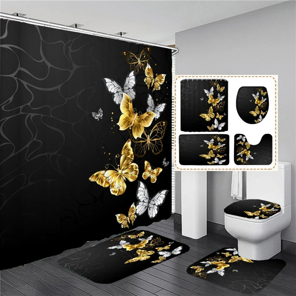 Waterproof Shower Curtain Sets with Rugs Golden Butterfly Print Bath Rug and Mats with Hooks Toilet Seat Cover Bathroom Decor