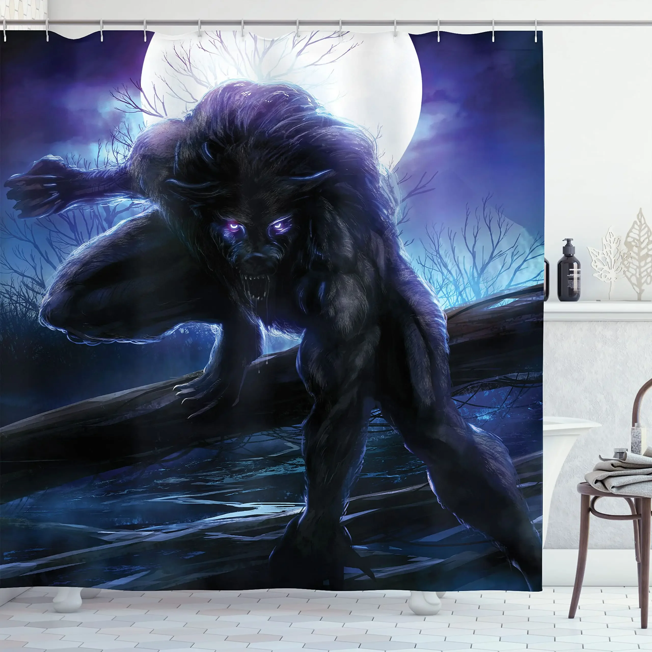 Fantasy World Shower Curtain,Surreal Werewolf Electric Eyes In Full Moon Transformation Folkloric,Waterproof Bathroom Decor Sets