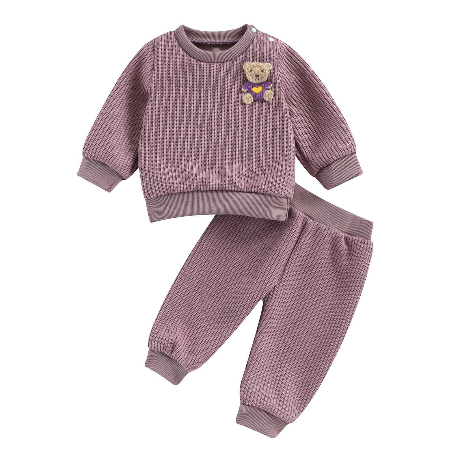 

BeQeuewll Toddler Girls Boys Fall Outfits Bear Embroidery Long Sleeve Sweartshirts and Long Pants 2Pcs Infant Clothes Set