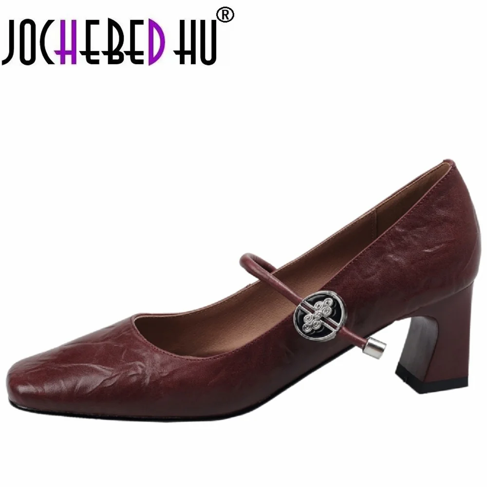 

【JOCHEBED HU】Brand Genuine Leather Women Pumps Elegant Office Thick High Heels Shallow Fashion Square Toe Metal Decoration Dress