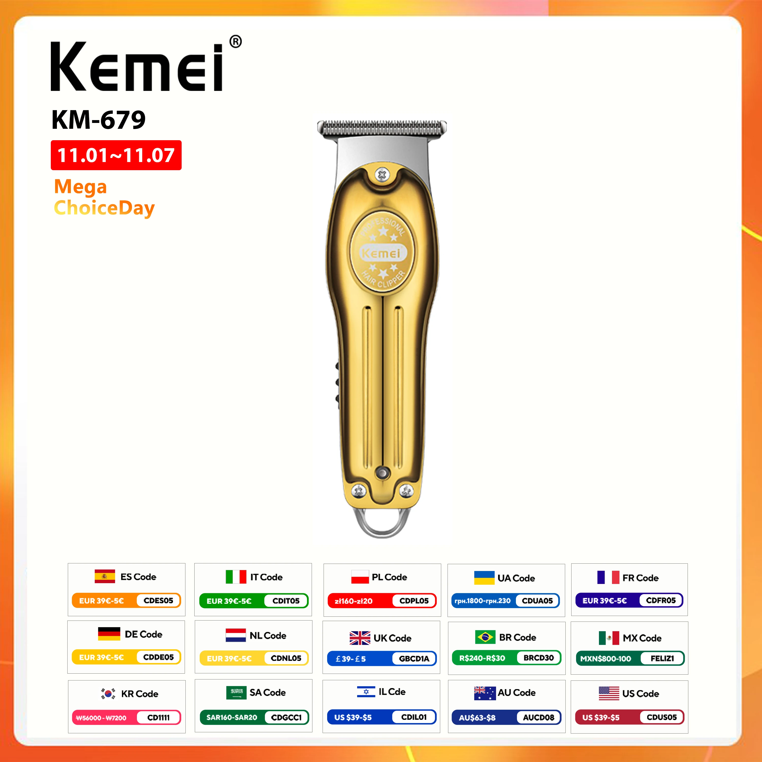 Wholesale Electric Gold Silver Color Hair Trimmer Kemei Km-679 USB Charging Mini LCD Light Carving Scissors Hair Clipper