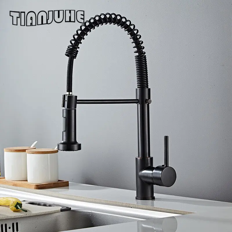 Kitchen Faucets Commercial Solid Brass Single Handle Single Lever Pull Down Sprayer Spring Kitchen Sink Faucet Matte Black