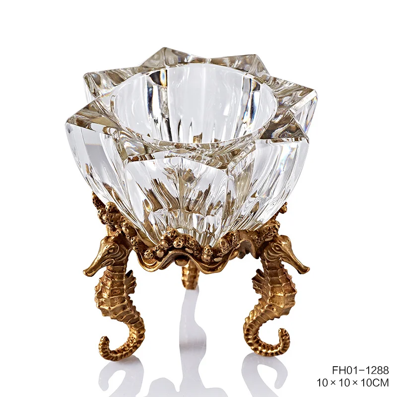 Royal Handmade Copper Fruit Plate Crystal Decoration Dish for Living Room Glass Candy Bowl with Brass Accessories