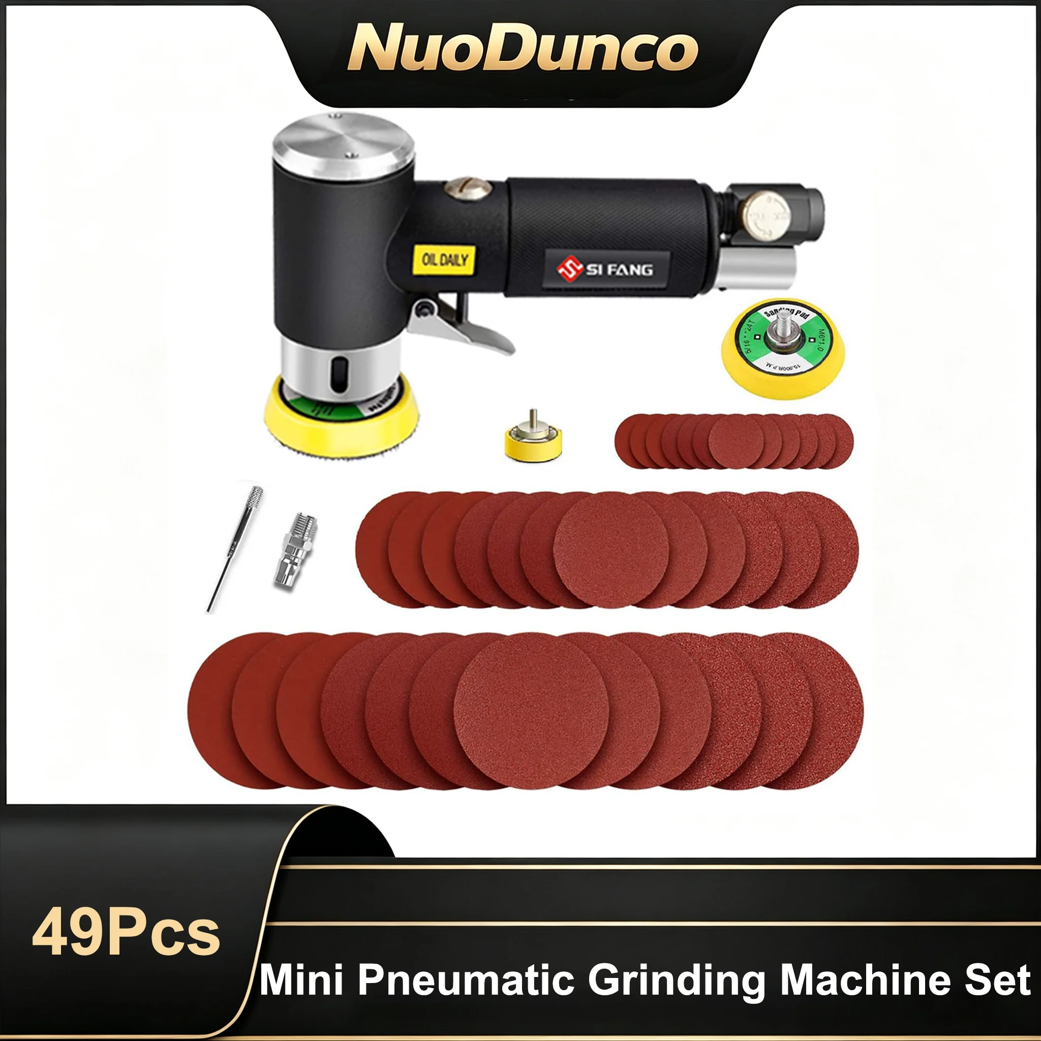 Mini Random Orbital Air Sander Kit Pneumatic Polishing Grinder with 1"/2"/3" Sanding Pads(1Pc Each) 45Pcs Hook & Loop Sanding Discs(15Pcs Each Size) Air‑Powered Sander For Car Paint Repair Surface Finishing