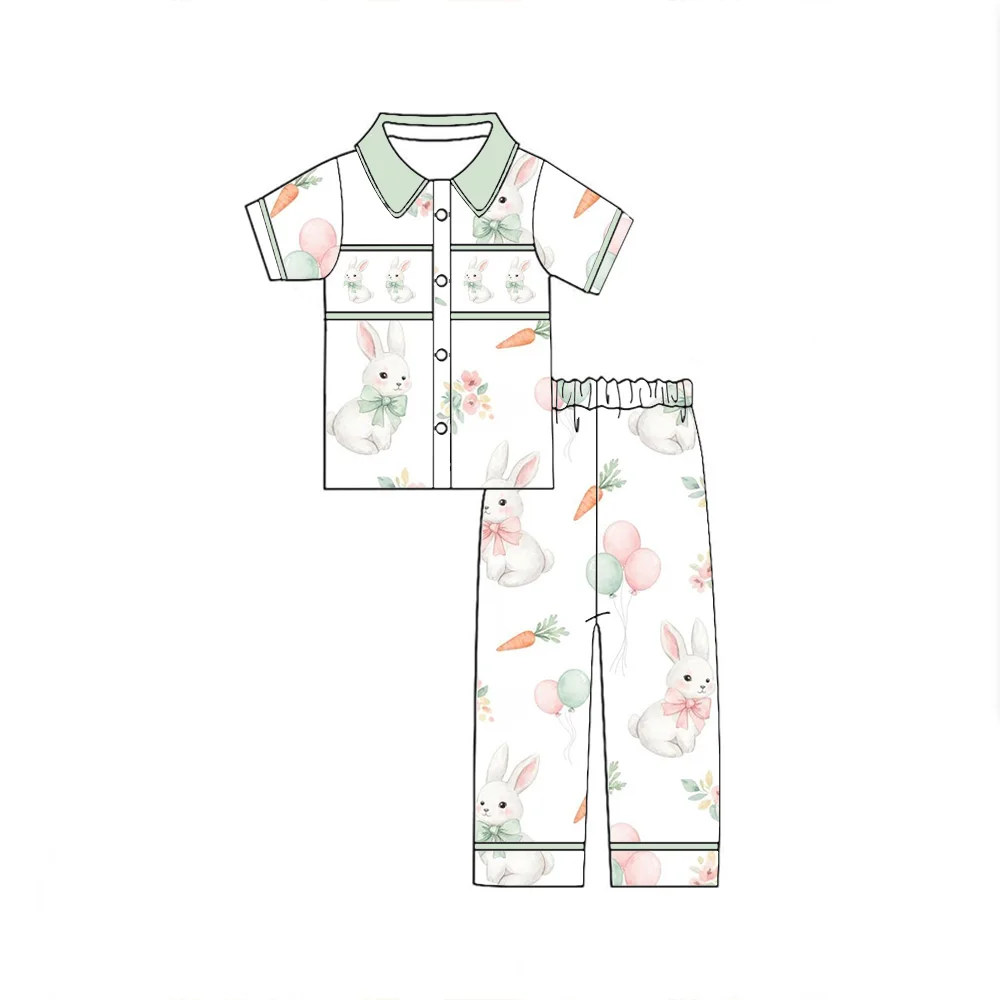 Easter pajama set boys and girls featuring short-sleeved top and trousers printed rabbit and carrot patterns matching kids robes