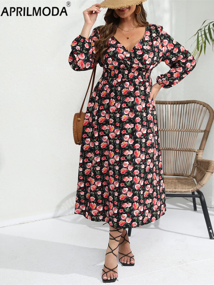 2024 Flower Print Midi Long Party Dress Full Sleeve Oversized Sundress A Line Retro Vintage Holiday Tunic Swing Dresses 4xl 5xl