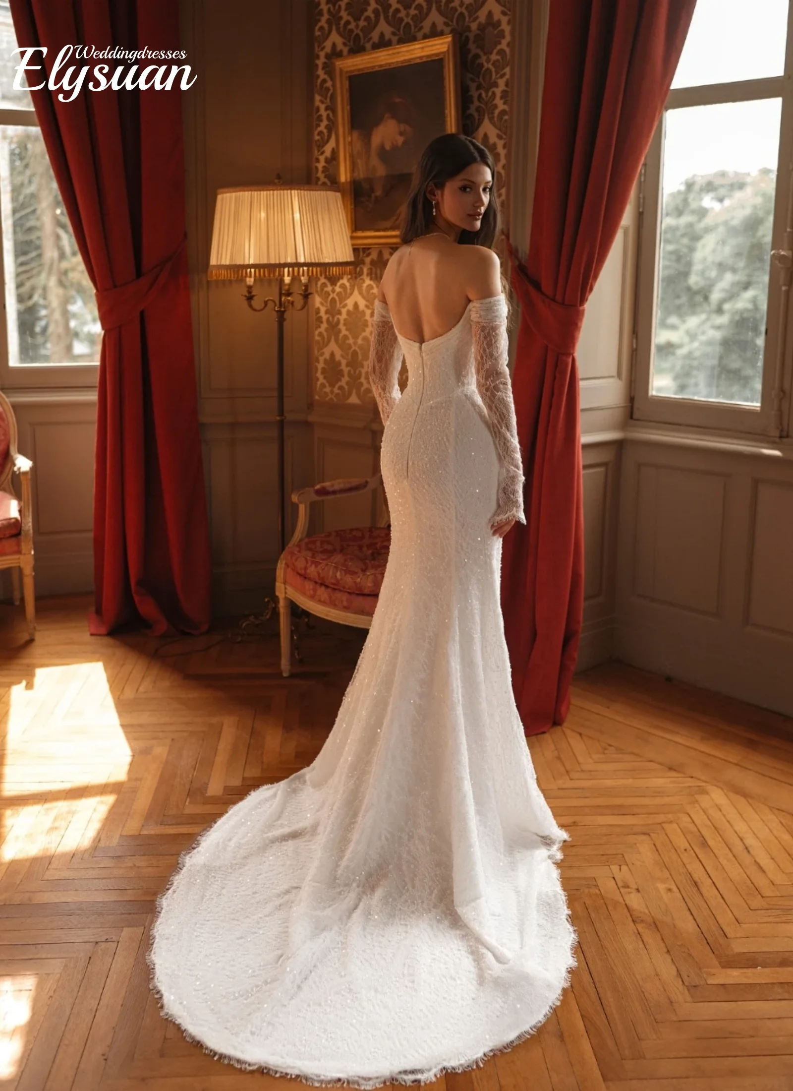 تخصيص مخصص حورية البحر تألق الزينة قبالة الكتف فستان الزفاف أزياء من الدانتل زيبر الظهر ثوب الزفاف حساسة